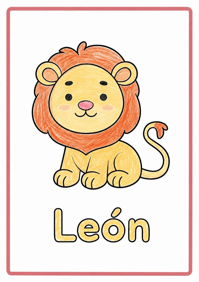Colored page from the book: a lion with the Spanish word León underneath