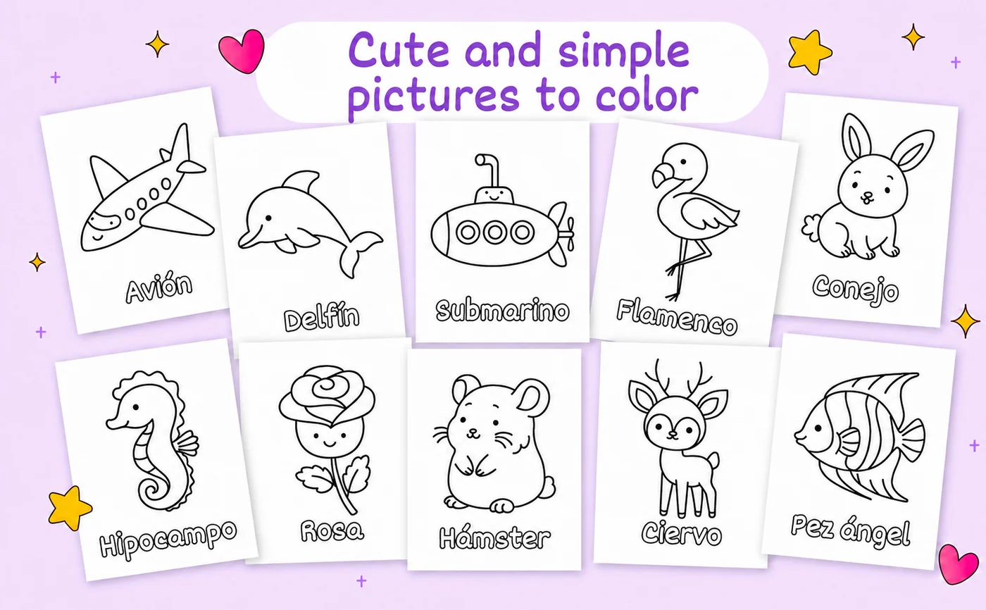 Cute and simple pictures to color: ten drawings from the book, each with a Spanish word underneath