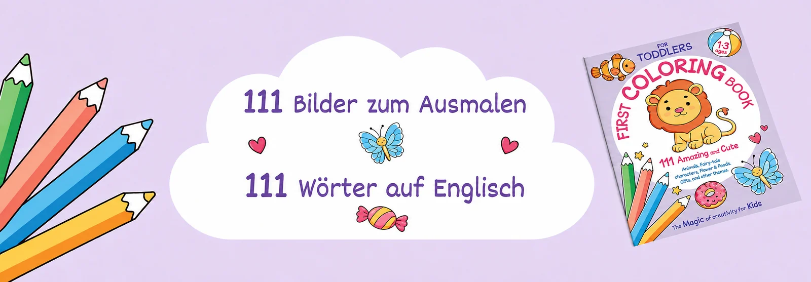 111 Bilder zum Ausmalen und 111 Wörter auf Englisch, daneben das Cover des Malbuchs mit dem Löwen