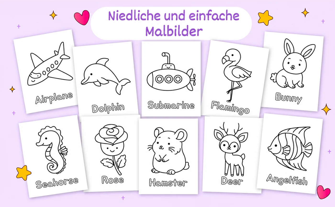 Niedliche und einfache Malbilder: zehn Zeichnungen aus dem Buch, unter jedem Bild ein englisches Wort