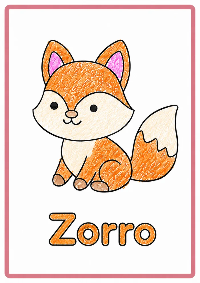 Ausgemalte Seite aus dem Buch: ein Fuchs und darunter das spanische Wort Zorro