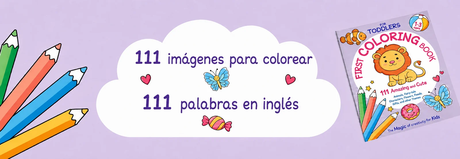 111 imágenes para colorear y 111 palabras en inglés, junto a la portada del libro con el león