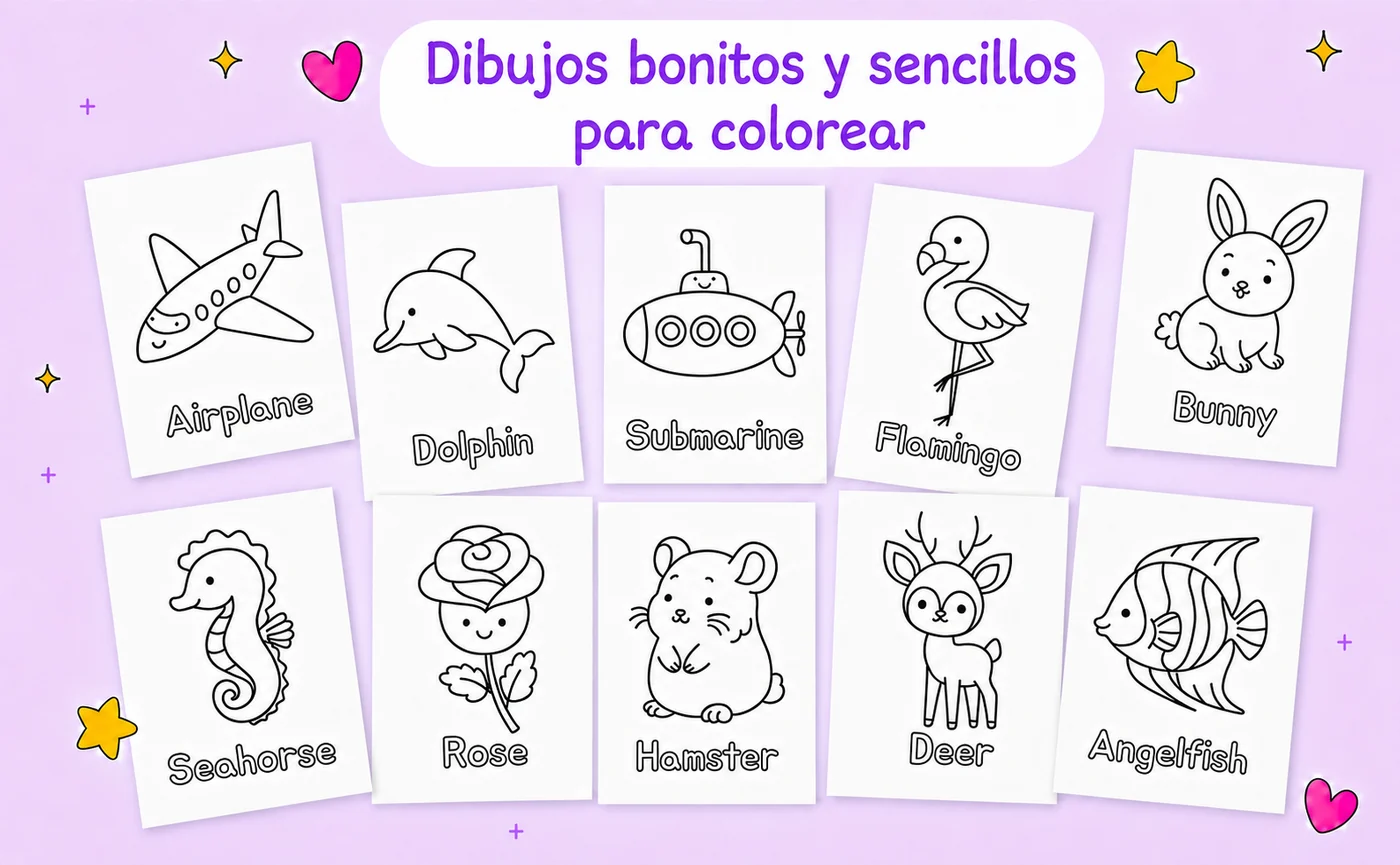 Dibujos bonitos y sencillos para colorear: diez imágenes del libro, cada una con una palabra en inglés