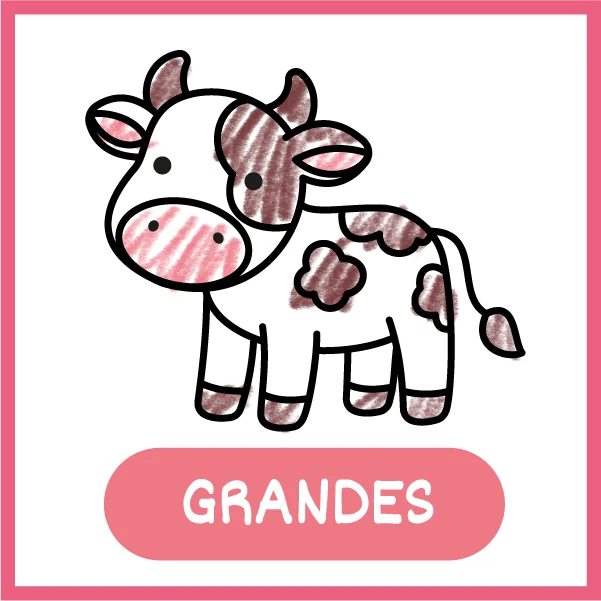 Grandes: una vaca que ocupa casi toda la hoja, coloreada por un niño pequeño