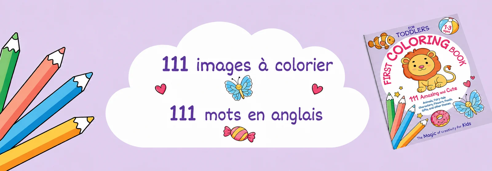 111 images à colorier et 111 mots en anglais, avec à côté la couverture du livre de coloriage avec le lion