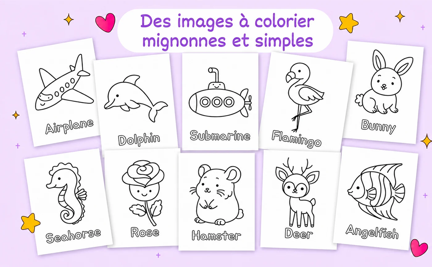 Des images à colorier mignonnes et simples : dix dessins du livre, sous chacun un mot en anglais