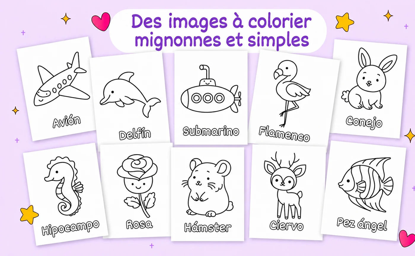 Des images à colorier mignonnes et simples : dix dessins du livre, sous chacun un mot en espagnol