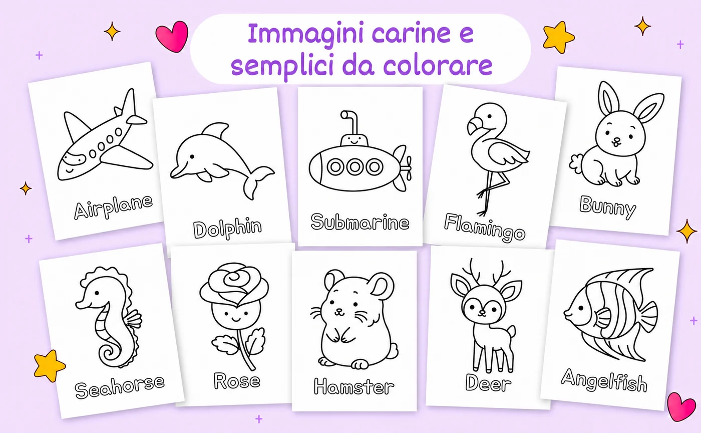 Immagini carine e semplici da colorare: dieci disegni del libro, ciascuno con una parola in inglese
