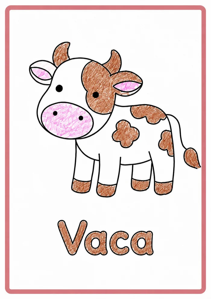Pagina colorata del libro: una mucca con sotto la parola spagnola Vaca