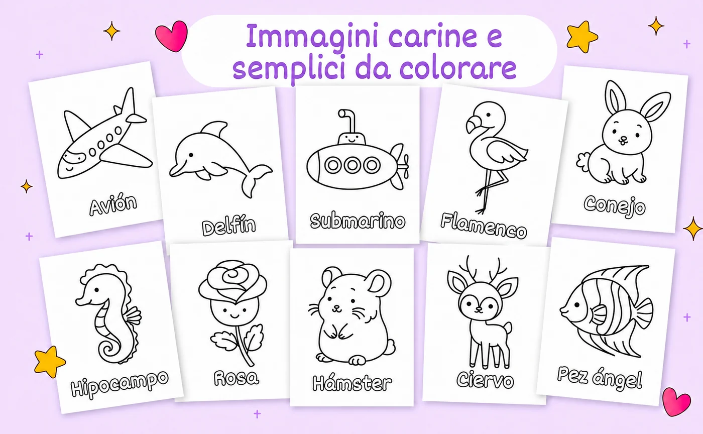 Immagini carine e semplici da colorare: dieci disegni del libro, ciascuno con una parola in spagnolo