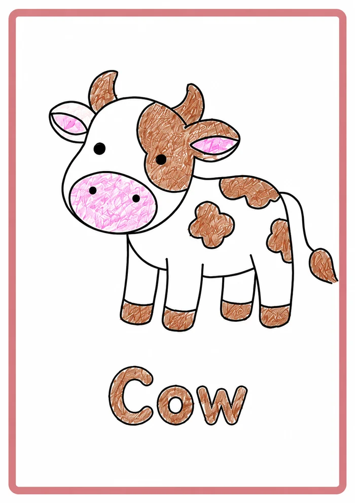 Ingekleurde pagina uit het boek: een koe met daaronder het Engelse woord Cow