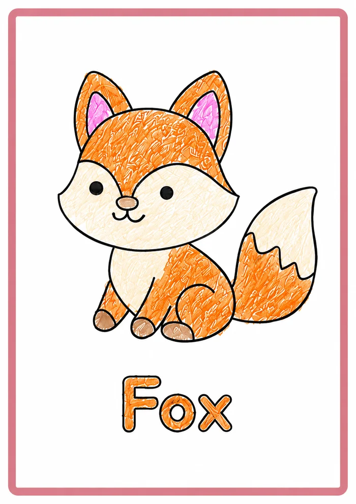 Ingekleurde pagina uit het boek: een vos met daaronder het Engelse woord Fox