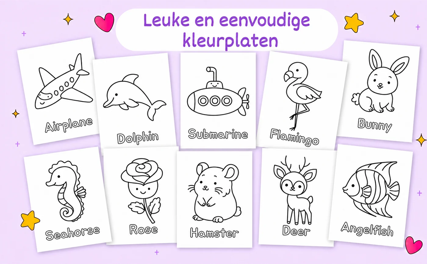 Leuke en eenvoudige kleurplaten: tien tekeningen uit het boek, onder elke tekening een Engels woord