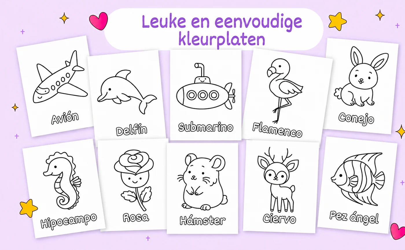 Leuke en eenvoudige kleurplaten: tien tekeningen uit het boek, onder elke tekening een Spaans woord