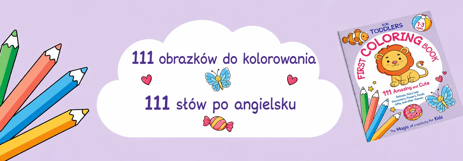 111 obrazków do kolorowania i 111 słów po angielsku, obok okładka kolorowanki z lwem