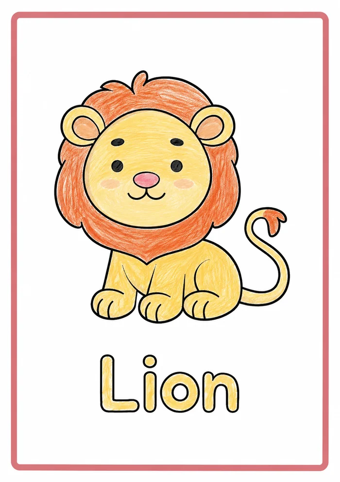 Pokolorowana strona z książki: lew, a pod nim angielskie słowo Lion
