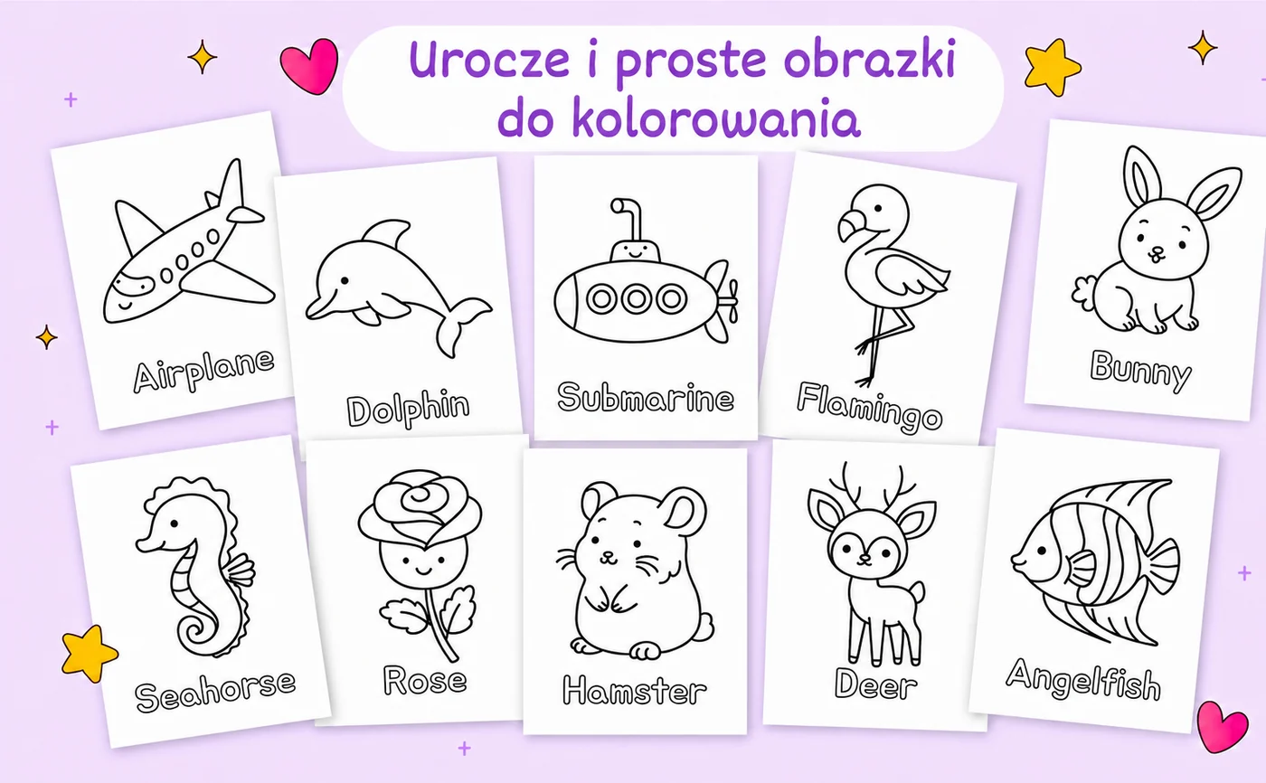 Urocze i proste obrazki do kolorowania: dziesięć rysunków z książki, pod każdym angielskie słowo