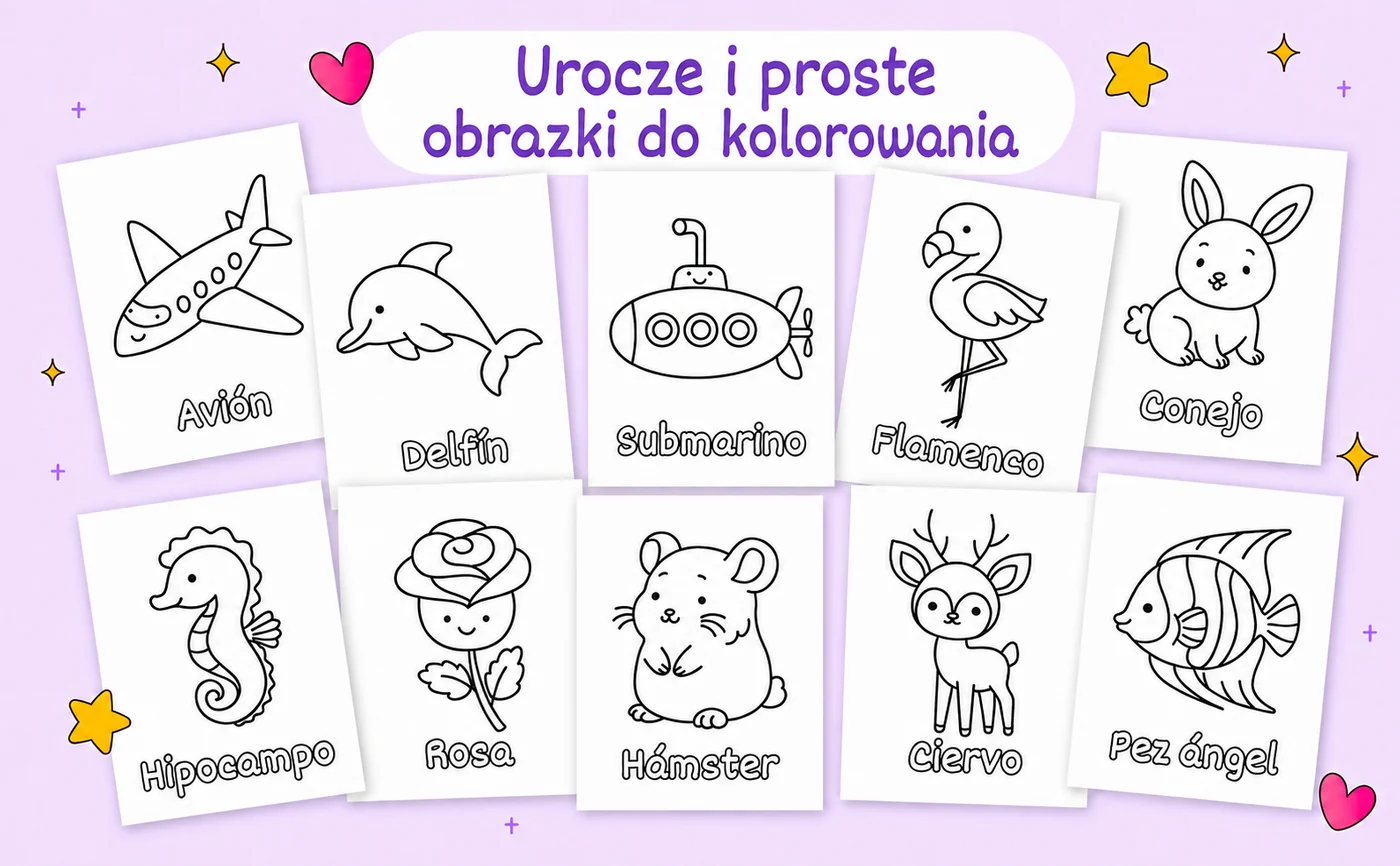 Urocze i proste obrazki do kolorowania: dziesięć rysunków z książki, pod każdym hiszpańskie słowo
